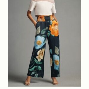 Maeve Anthropologie Saria Smocked Wide-Leg Pants M Petite, Blue Floral
